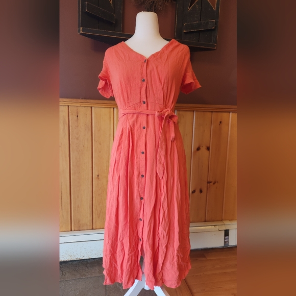 Loft V Neck Midi Shirt Dress Coral Button Down Sundress Size 0 - Picture 4 of 13